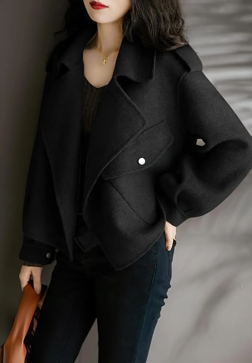 chouyatou Women's Fall Casual Cropped Wool Coat Open Front Loose Dressy Blazer Jacket Short Trench Coat