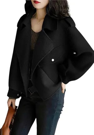 chouyatou Women's Fall Casual Cropped Wool Coat Open Front Loose Dressy Blazer Jacket Short Trench Coat