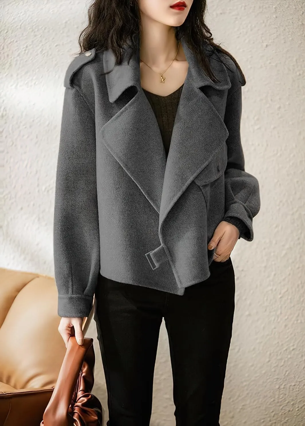 chouyatou Women's Fall Casual Cropped Wool Coat Open Front Loose Dressy Blazer Jacket Short Trench Coat