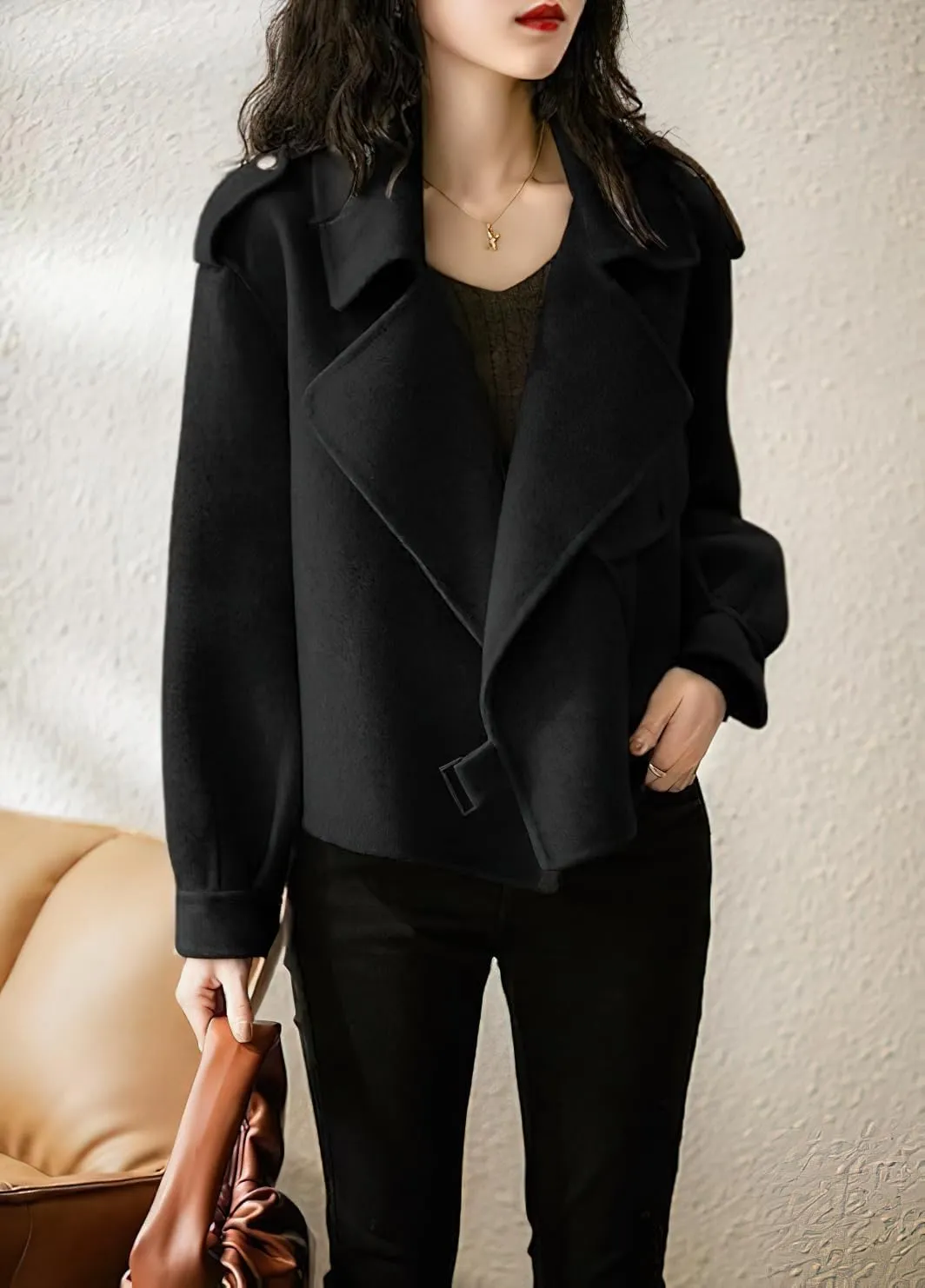 chouyatou Women's Fall Casual Cropped Wool Coat Open Front Loose Dressy Blazer Jacket Short Trench Coat