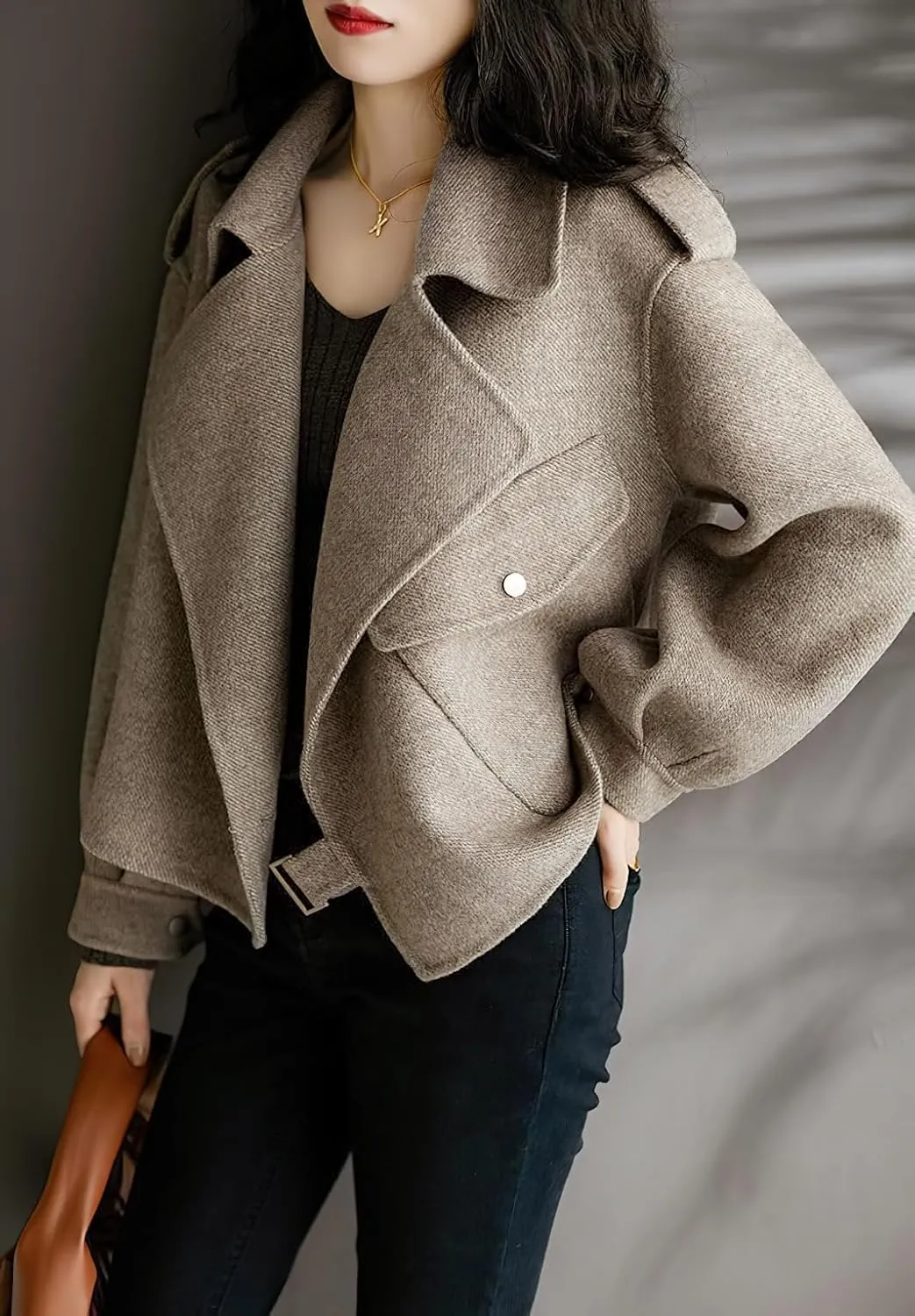 chouyatou Women's Fall Casual Cropped Wool Coat Open Front Loose Dressy Blazer Jacket Short Trench Coat