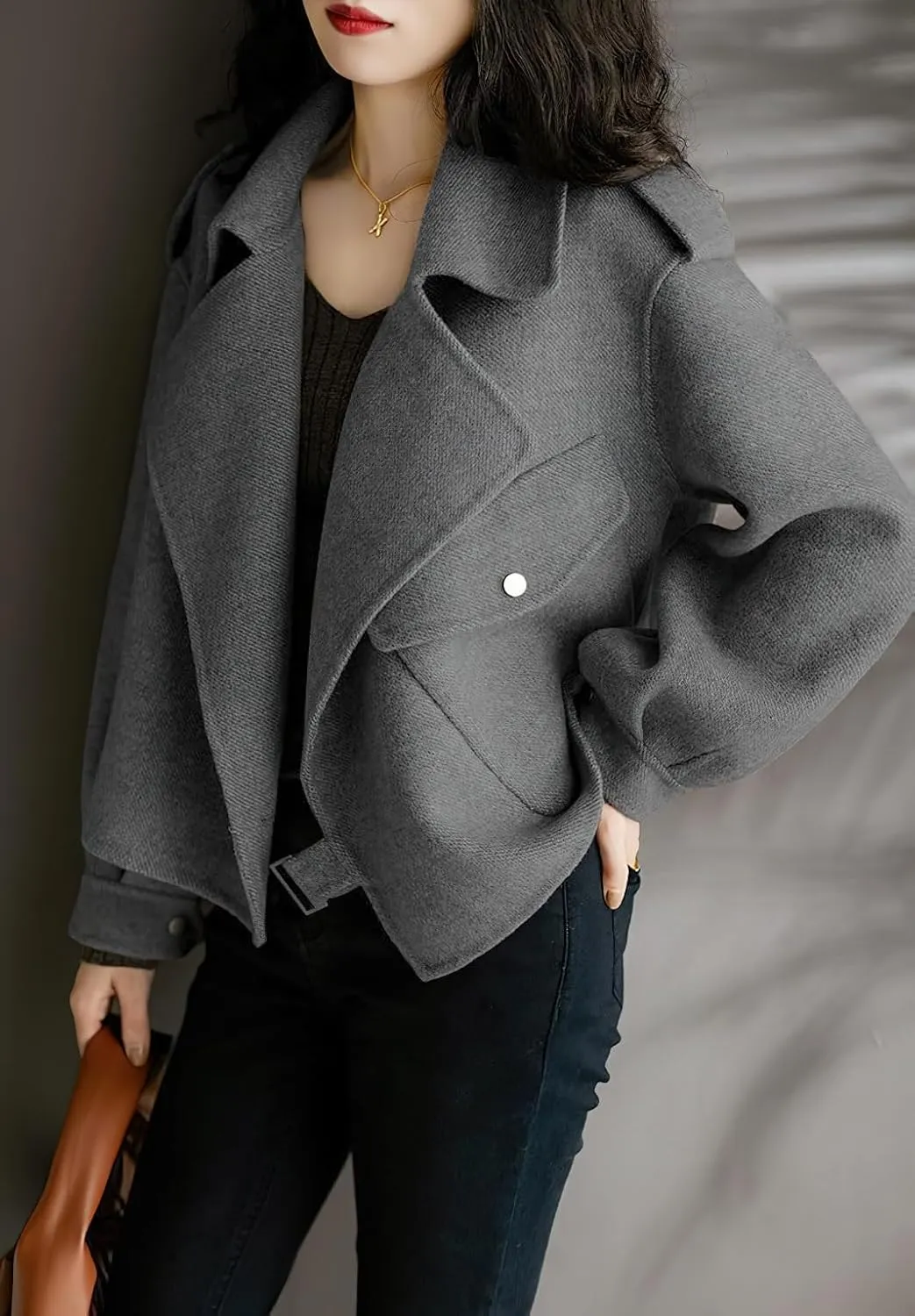 chouyatou Women's Fall Casual Cropped Wool Coat Open Front Loose Dressy Blazer Jacket Short Trench Coat