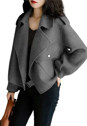 chouyatou Women's Fall Casual Cropped Wool Coat Open Front Loose Dressy Blazer Jacket Short Trench Coat