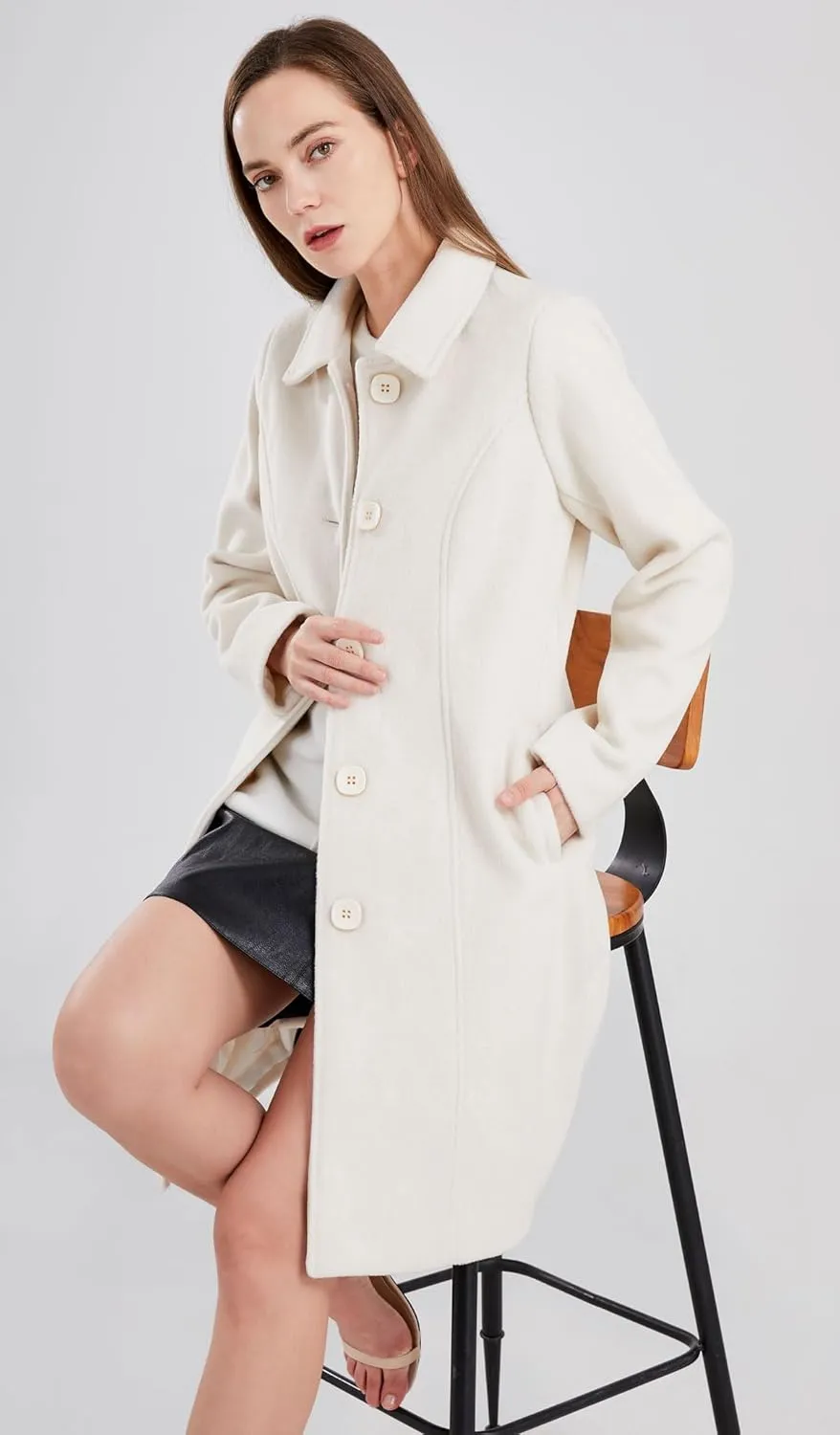 chouyatou Women's Fall Winter Elegant Single Breasted Long Wool Coat Overcoat