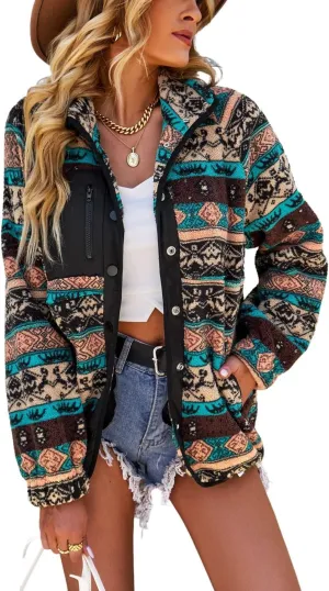 chouyatou Women's Fleece Jacket Tribal Aztec Print Long Sleeve Button Down Shacket Jacket Coats