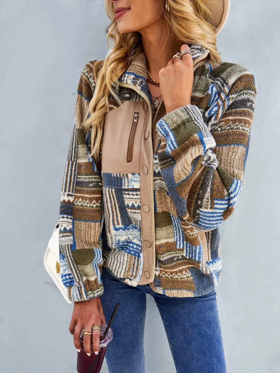 chouyatou Women's Fleece Jacket Tribal Aztec Print Long Sleeve Button Down Shacket Jacket Coats