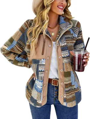 chouyatou Women's Fleece Jacket Tribal Aztec Print Long Sleeve Button Down Shacket Jacket Coats