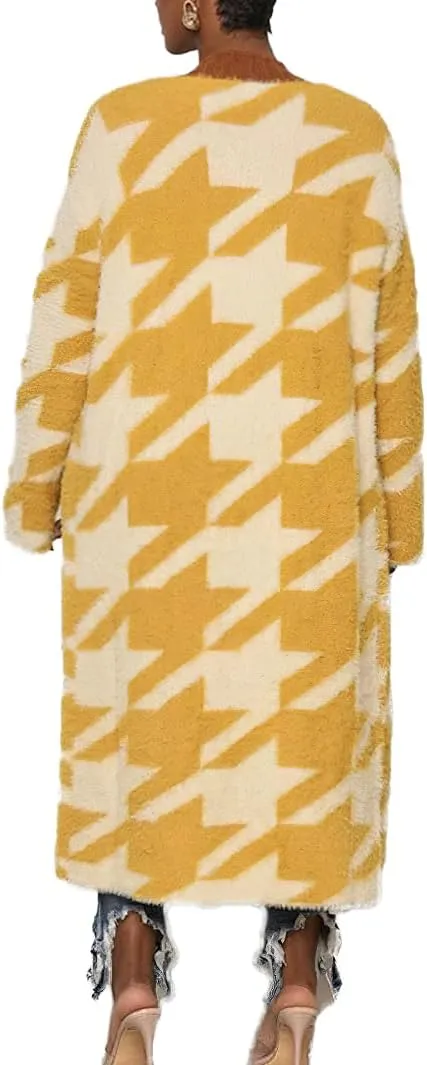 chouyatou Womens Furry Warm Color Block Houndstooth Printed Open Front Cardigan Knit Long Sweater Coat