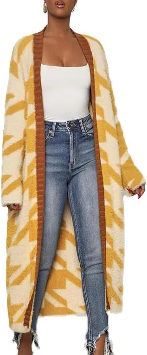 chouyatou Womens Furry Warm Color Block Houndstooth Printed Open Front Cardigan Knit Long Sweater Coat