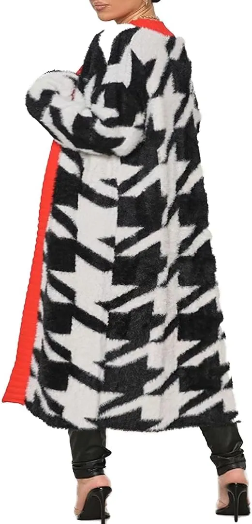 chouyatou Womens Furry Warm Color Block Houndstooth Printed Open Front Cardigan Knit Long Sweater Coat