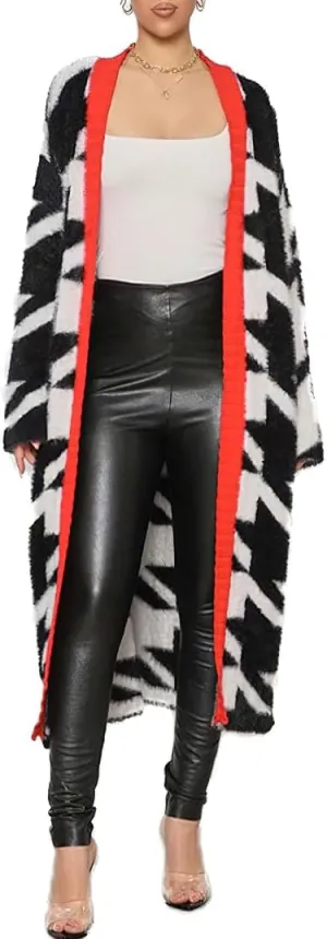 chouyatou Womens Furry Warm Color Block Houndstooth Printed Open Front Cardigan Knit Long Sweater Coat