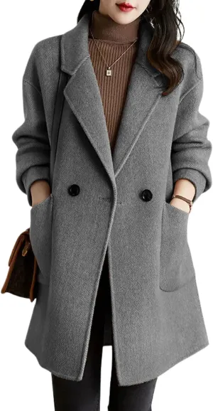 chouyatou Women's Notch Lapel Herringbone Wool Coat Formal Office Work Double Breasted Winter Pea Coat