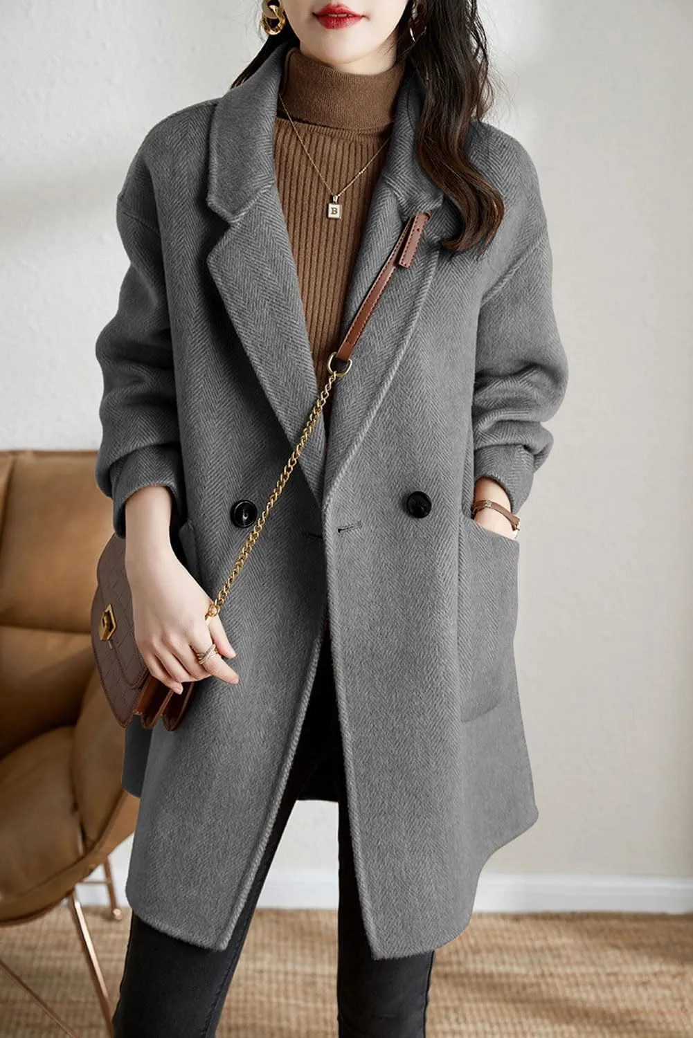chouyatou Women's Notch Lapel Herringbone Wool Coat Formal Office Work Double Breasted Winter Pea Coat