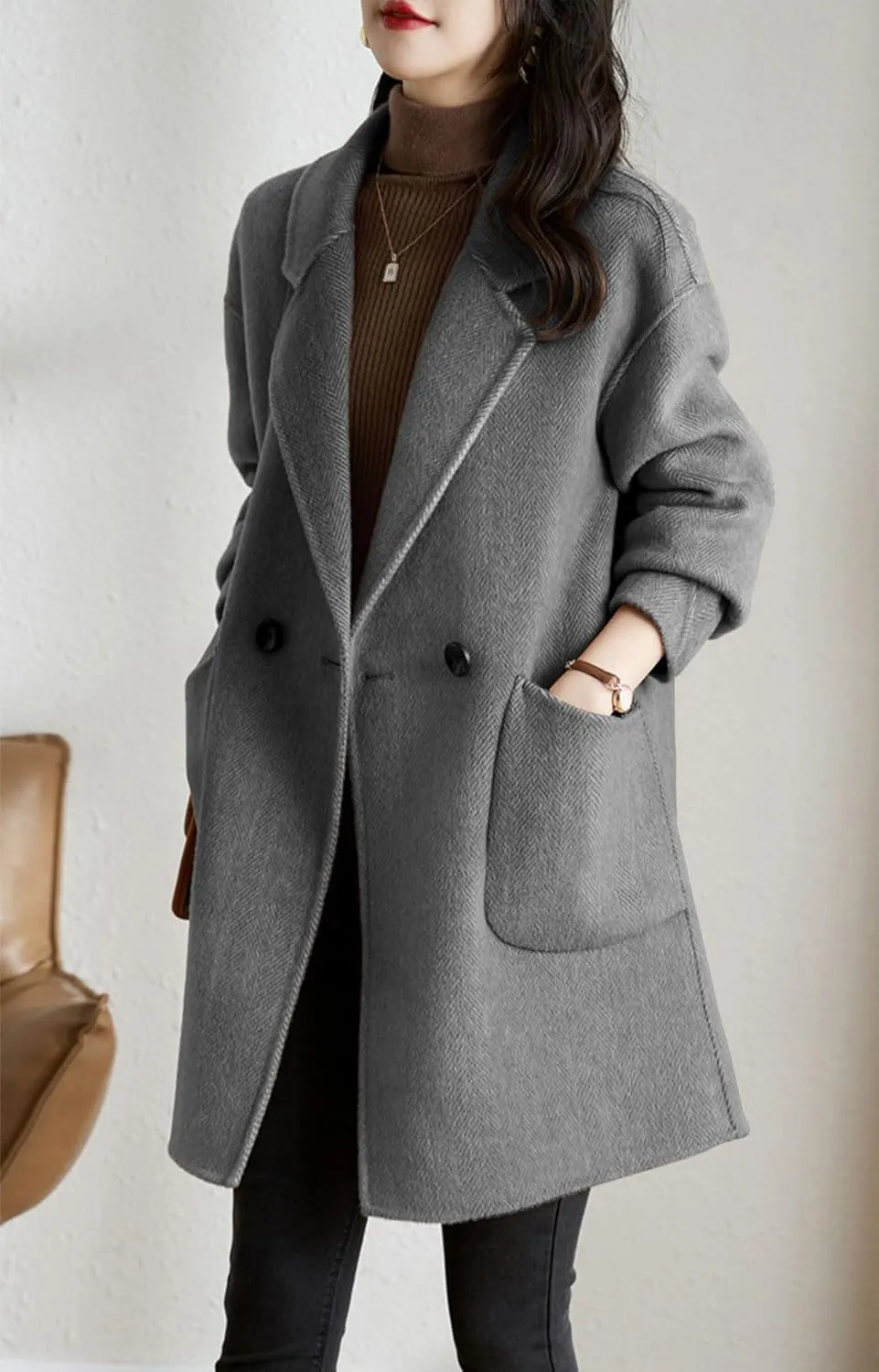 chouyatou Women's Notch Lapel Herringbone Wool Coat Formal Office Work Double Breasted Winter Pea Coat