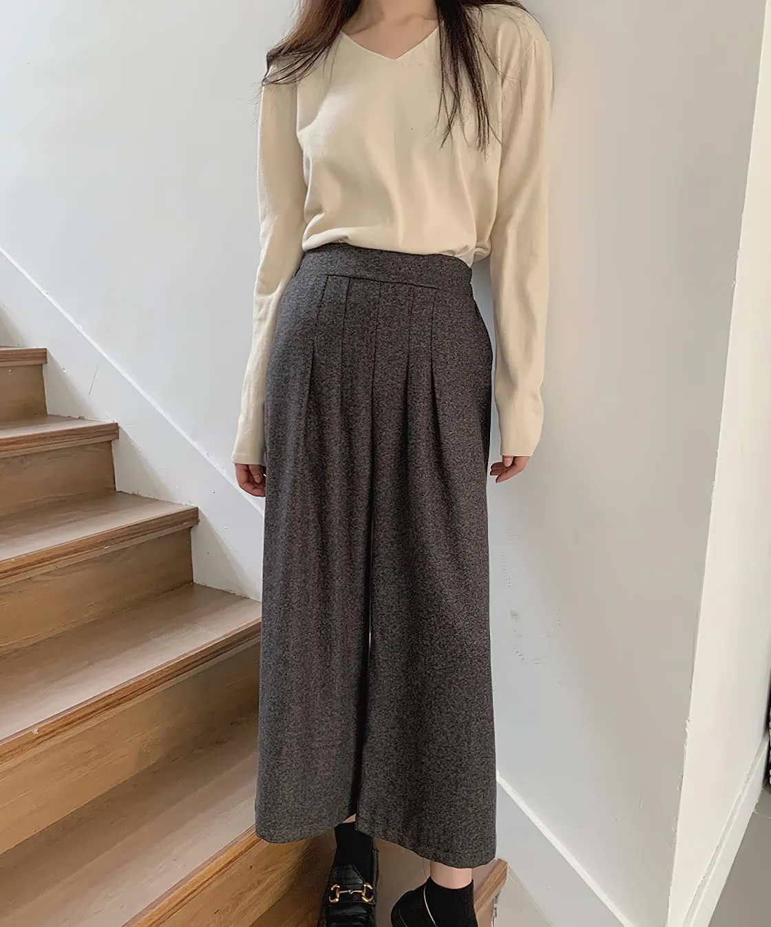 chouyatou Women's Plaid Wool Blend Culottes Capri Plaid Pants Elastic High Waist Wide Leg Palazzo Trouser