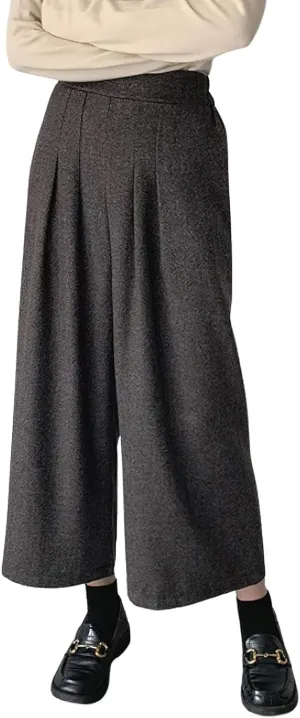 chouyatou Women's Plaid Wool Blend Culottes Capri Plaid Pants Elastic High Waist Wide Leg Palazzo Trouser