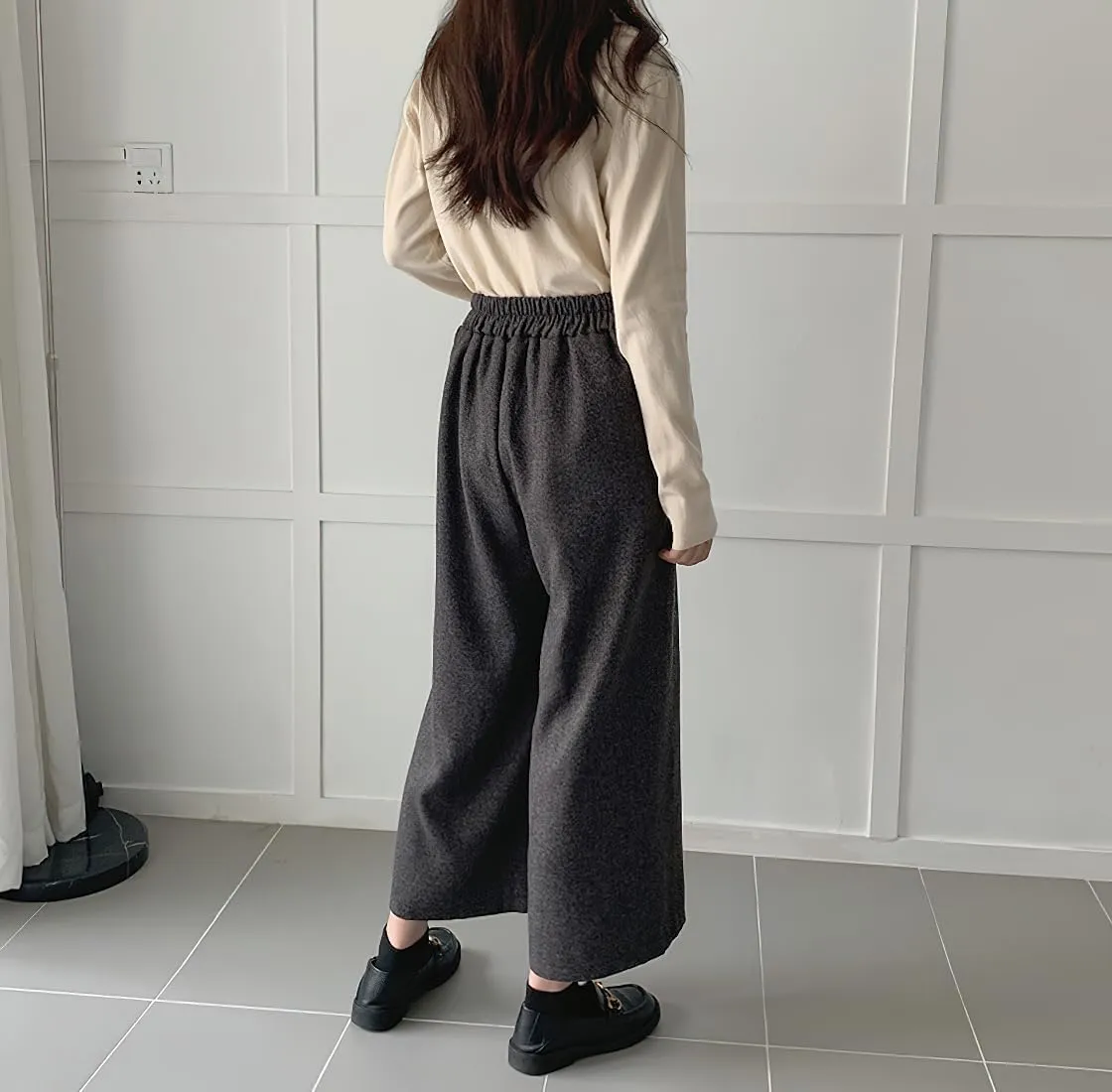 chouyatou Women's Plaid Wool Blend Culottes Capri Plaid Pants Elastic High Waist Wide Leg Palazzo Trouser