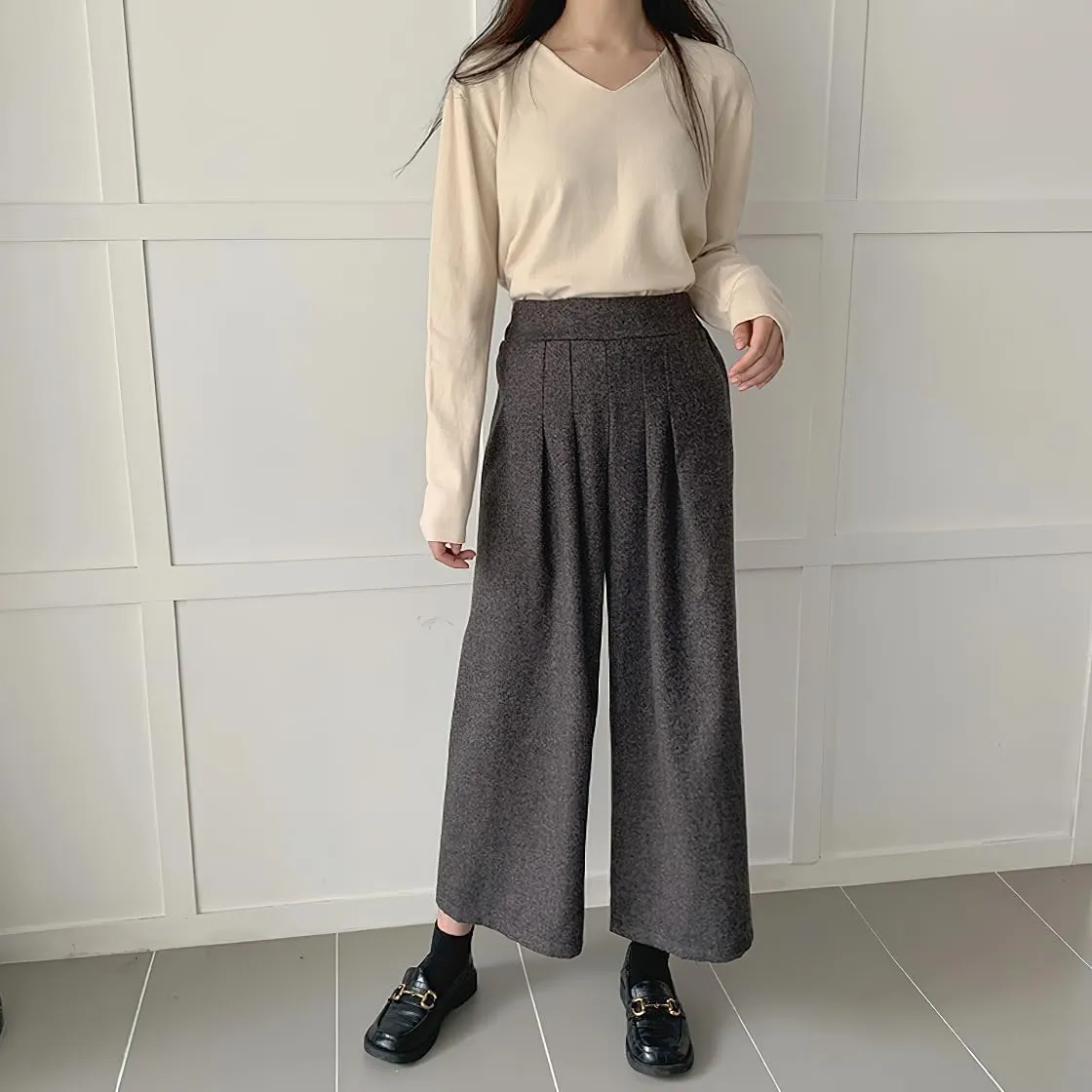chouyatou Women's Plaid Wool Blend Culottes Capri Plaid Pants Elastic High Waist Wide Leg Palazzo Trouser