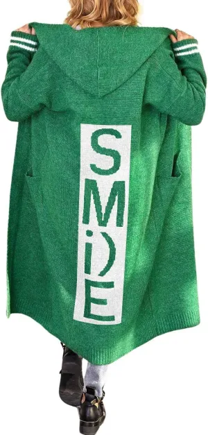 chouyatou Women's Smile Graphic Pattern Hooded Long Cardigan Color Block Open Front Hoodie Cardigan Sweaters