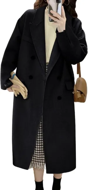chouyatou Women's Winter Business Casual Wool Coat Double Breasted Mid Long Trench Coat Overcoat
