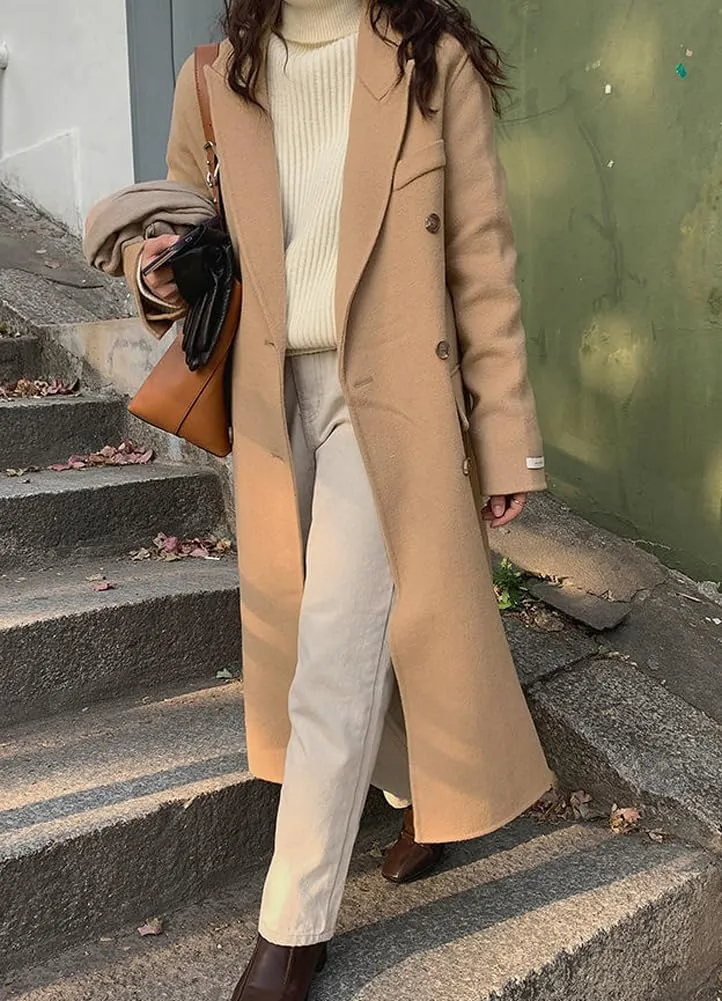 chouyatou Women's Winter Business Casual Wool Coat Double Breasted Mid Long Trench Coat Overcoat