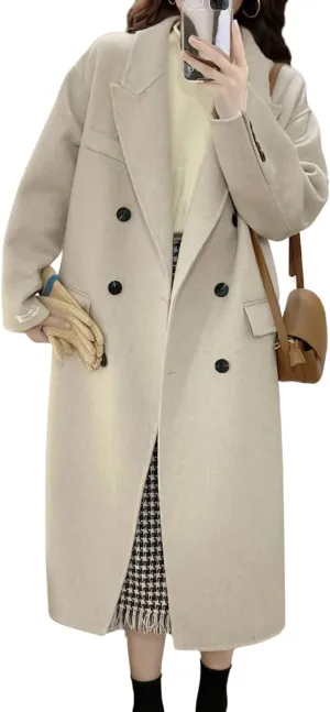 chouyatou Women's Winter Business Casual Wool Coat Double Breasted Mid Long Trench Coat Overcoat