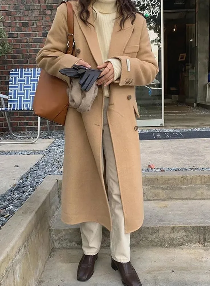 chouyatou Women's Winter Business Casual Wool Coat Double Breasted Mid Long Trench Coat Overcoat