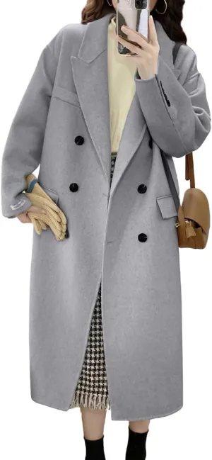 chouyatou Women's Winter Business Casual Wool Coat Double Breasted Mid Long Trench Coat Overcoat