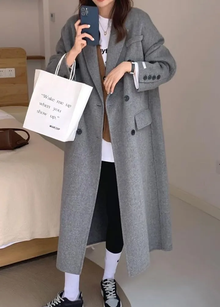 chouyatou Women's Winter Business Casual Wool Coat Double Breasted Mid Long Trench Coat Overcoat