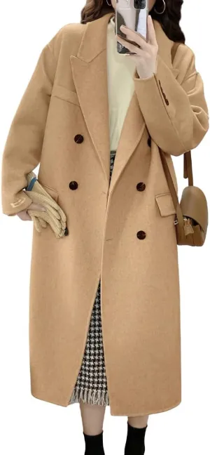 chouyatou Women's Winter Business Casual Wool Coat Double Breasted Mid Long Trench Coat Overcoat