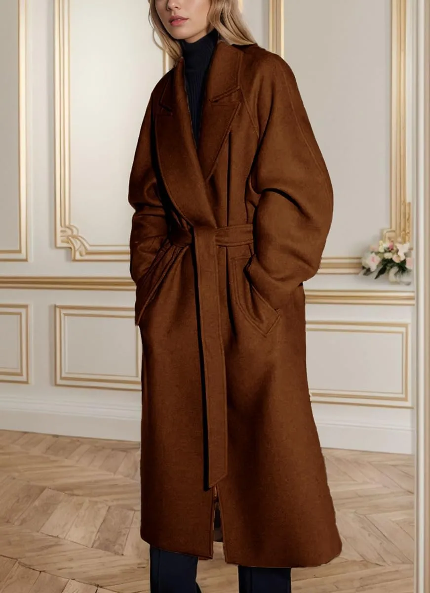 chouyatou Women's Winter Business Casual Wool Coat Notch Lapel Midi Long Winter Trench Coat with Belt