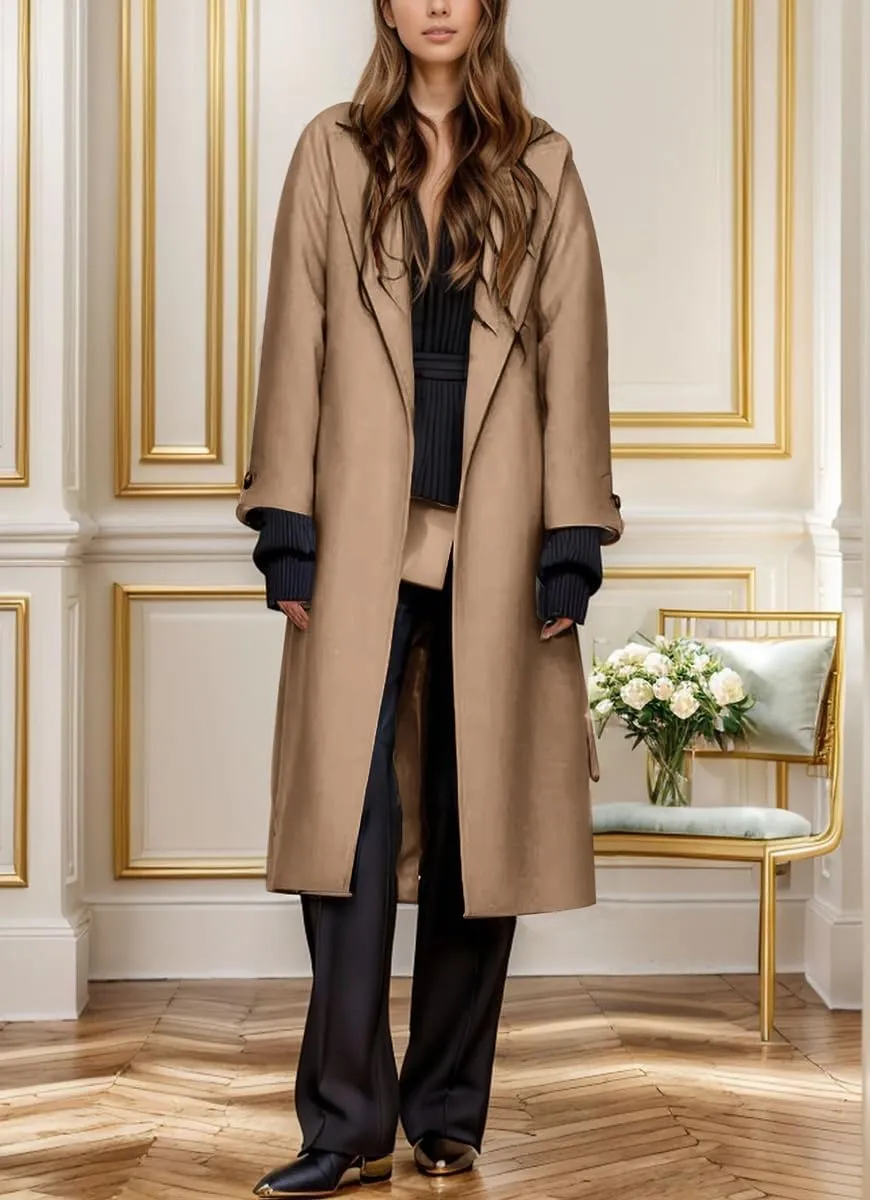 chouyatou Women's Winter Business Casual Wool Coat Notch Lapel Midi Long Winter Trench Coat with Belt