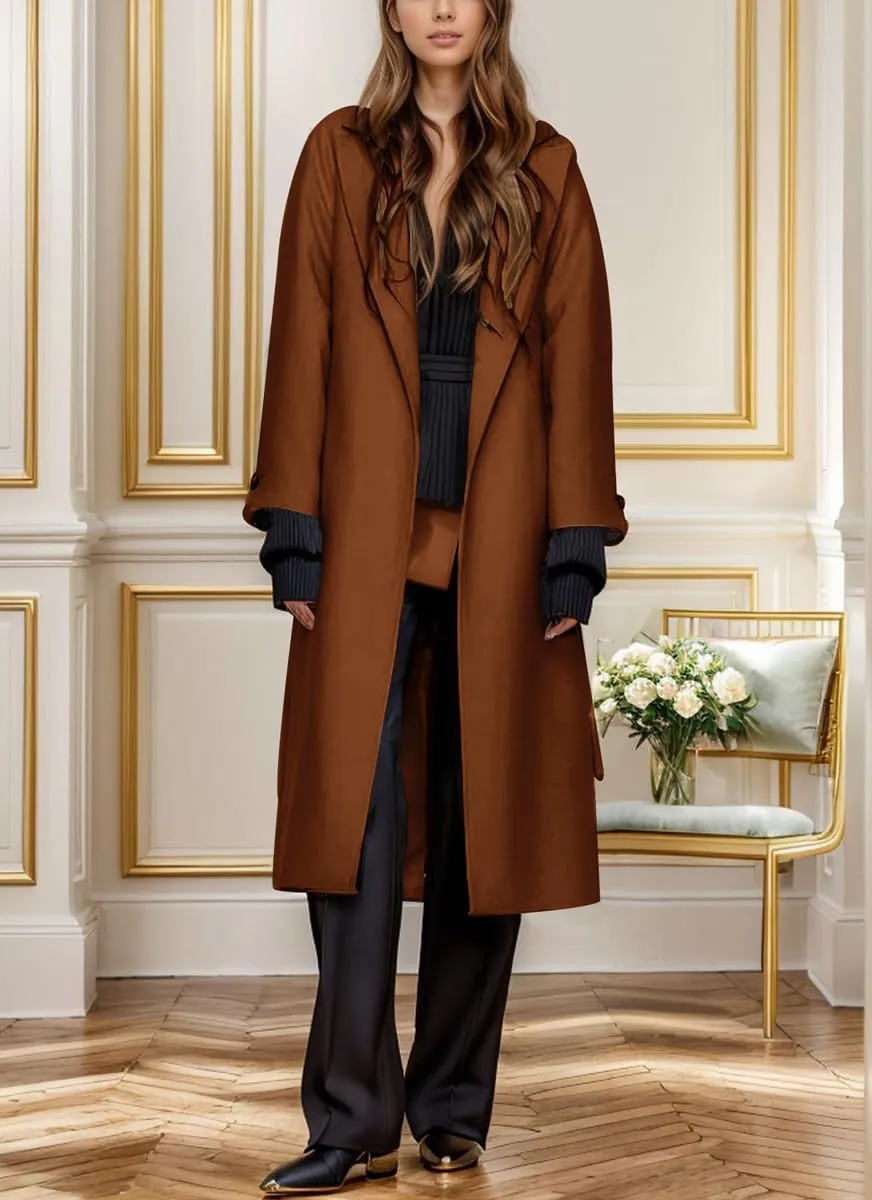 chouyatou Women's Winter Business Casual Wool Coat Notch Lapel Midi Long Winter Trench Coat with Belt