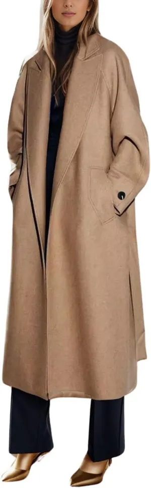 chouyatou Women's Winter Business Casual Wool Coat Notch Lapel Midi Long Winter Trench Coat with Belt