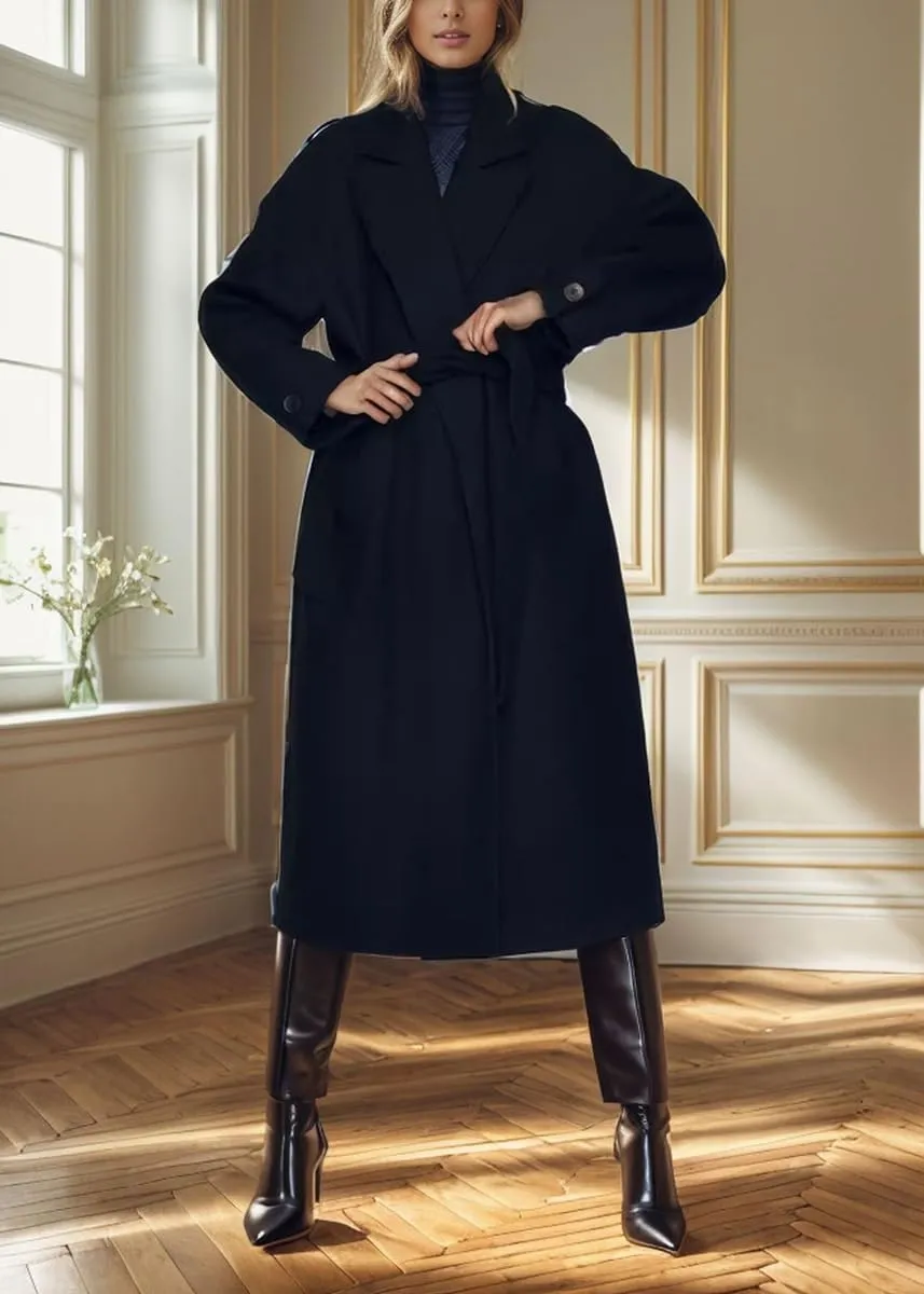 chouyatou Women's Winter Business Casual Wool Coat Notch Lapel Midi Long Winter Trench Coat with Belt