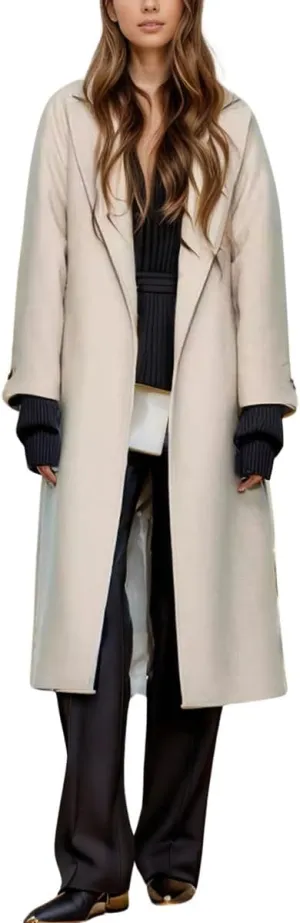 chouyatou Women's Winter Business Casual Wool Coat Notch Lapel Midi Long Winter Trench Coat with Belt