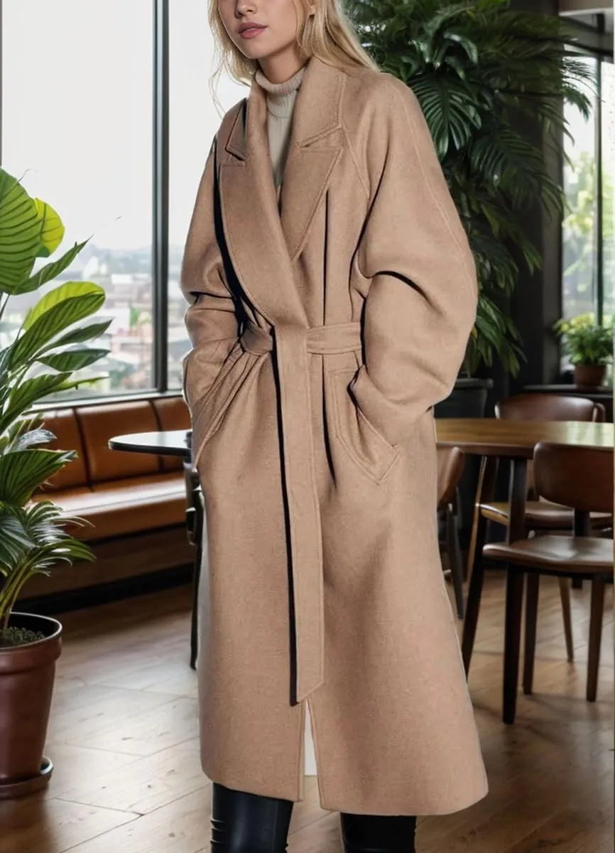 chouyatou Women's Winter Business Casual Wool Coat Notch Lapel Midi Long Winter Trench Coat with Belt