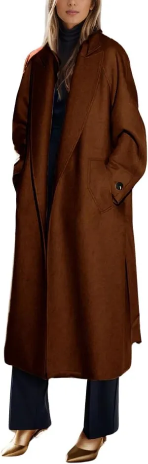 chouyatou Women's Winter Business Casual Wool Coat Notch Lapel Midi Long Winter Trench Coat with Belt