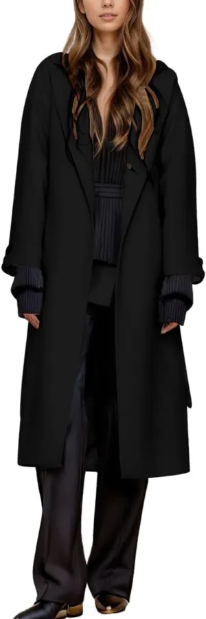 chouyatou Women's Winter Business Casual Wool Coat Notch Lapel Midi Long Winter Trench Coat with Belt