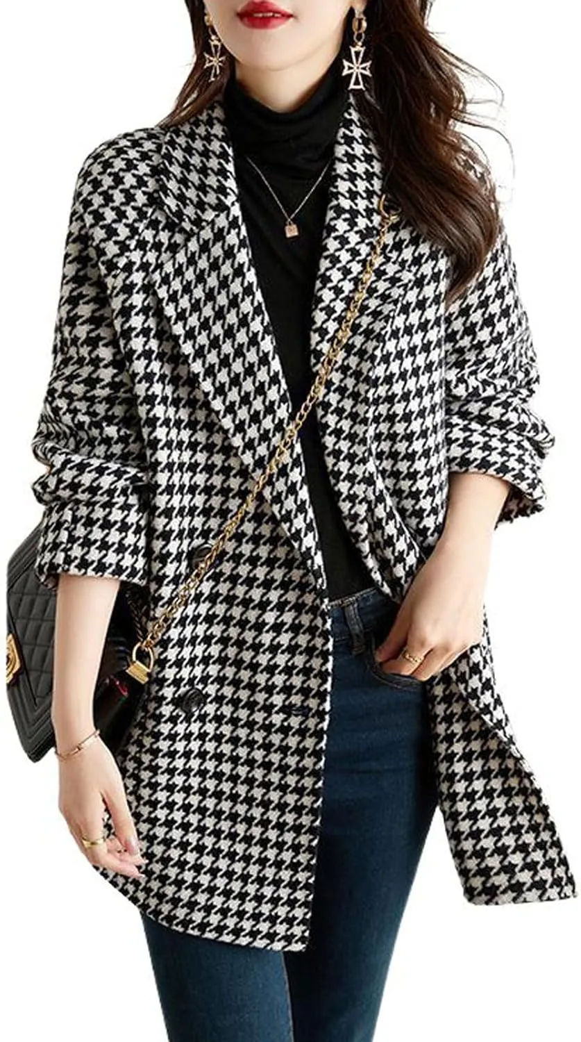 chouyatou Women's Winter Double Breasted Houndstooth Plaid Wool Pea Coat Notch Lapel Dressy Wool Trench Coat