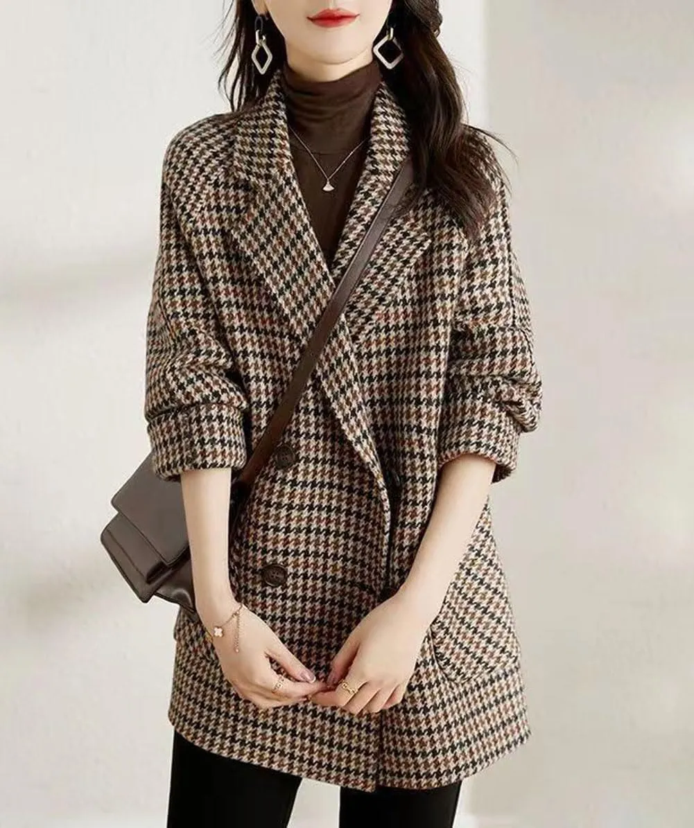 chouyatou Women's Winter Double Breasted Houndstooth Plaid Wool Pea Coat Notch Lapel Dressy Wool Trench Coat