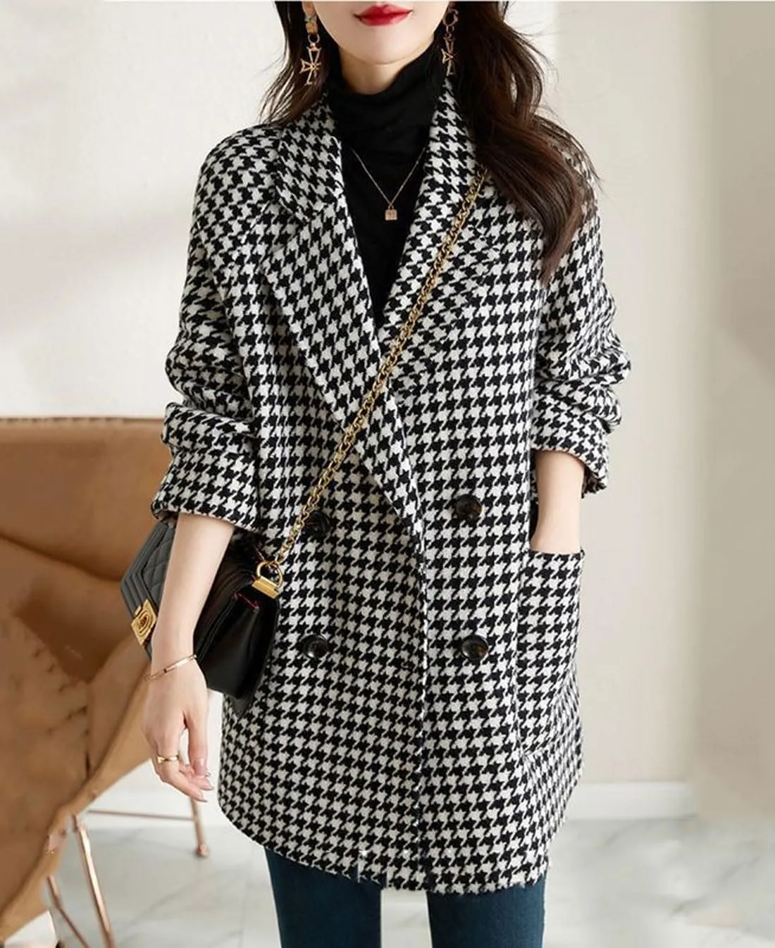 chouyatou Women's Winter Double Breasted Houndstooth Plaid Wool Pea Coat Notch Lapel Dressy Wool Trench Coat