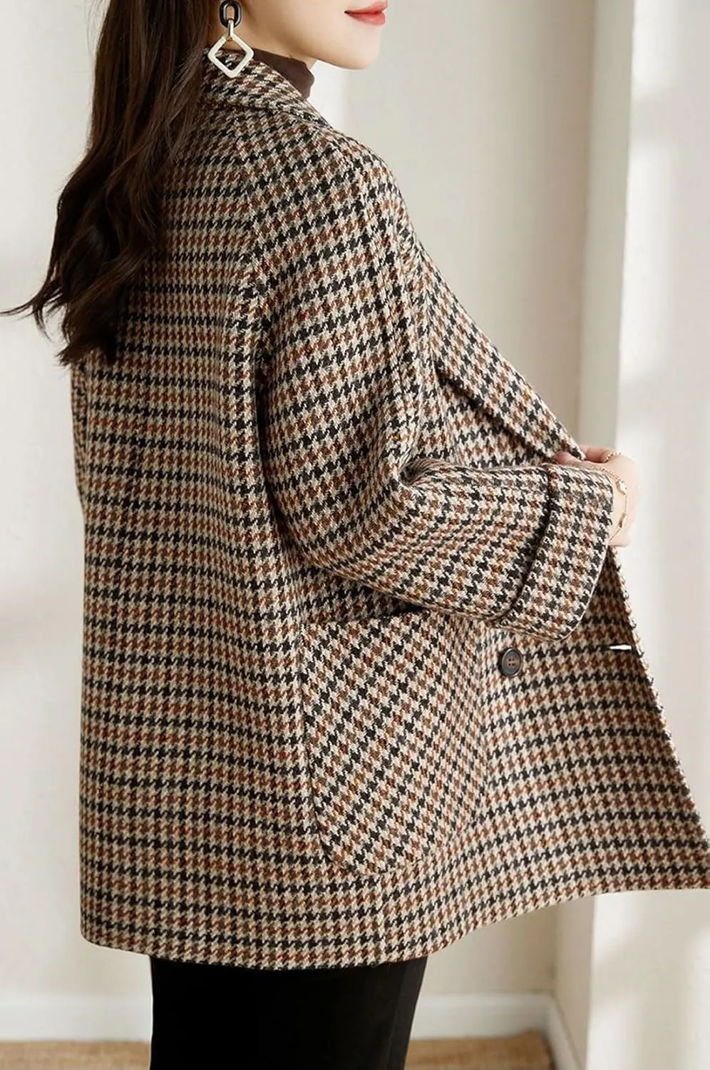 chouyatou Women's Winter Double Breasted Houndstooth Plaid Wool Pea Coat Notch Lapel Dressy Wool Trench Coat