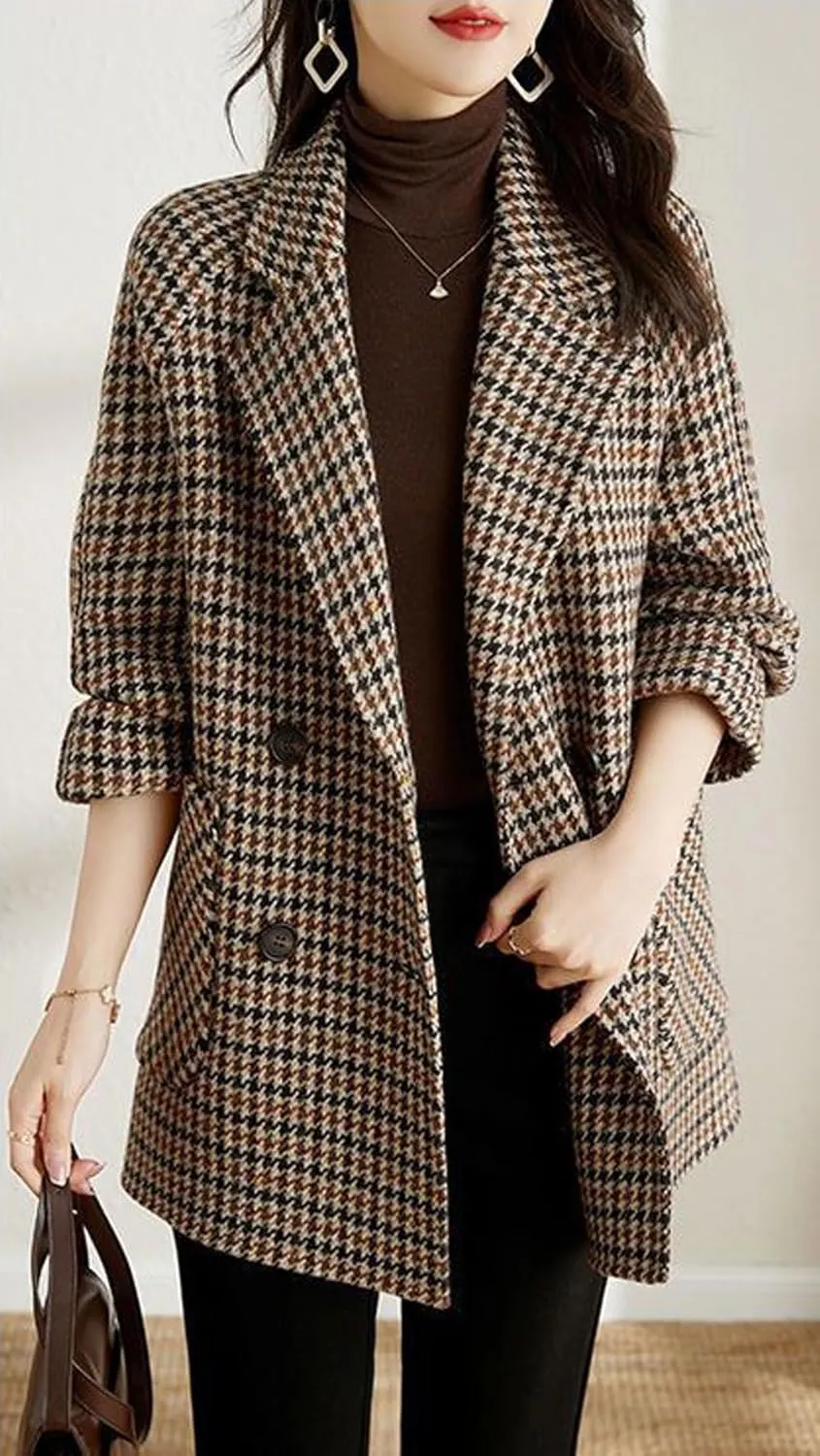 chouyatou Women's Winter Double Breasted Houndstooth Plaid Wool Pea Coat Notch Lapel Dressy Wool Trench Coat
