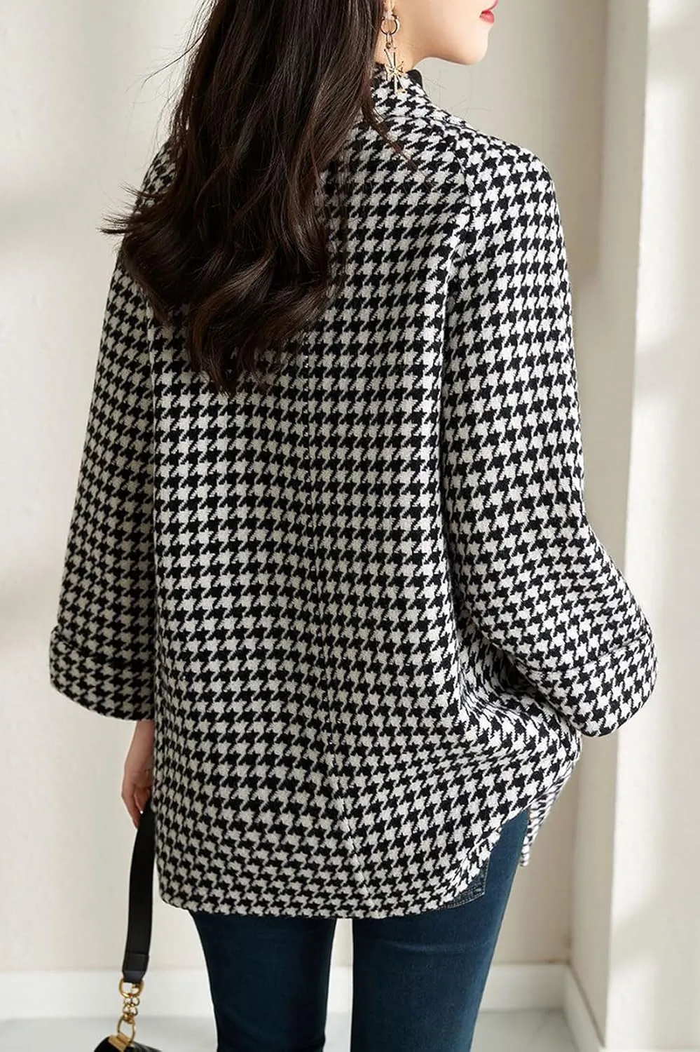 chouyatou Women's Winter Double Breasted Houndstooth Plaid Wool Pea Coat Notch Lapel Dressy Wool Trench Coat