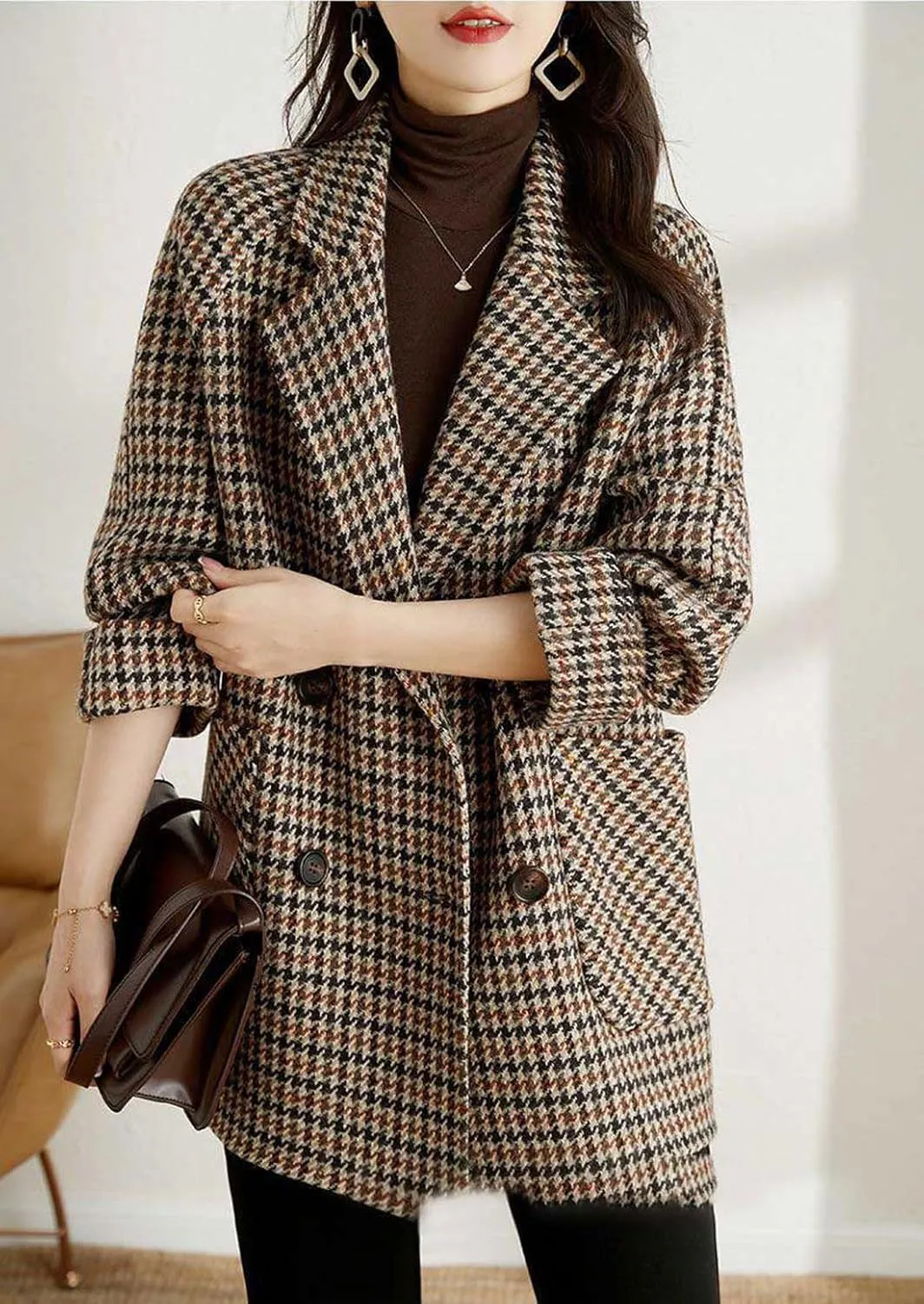 chouyatou Women's Winter Double Breasted Houndstooth Plaid Wool Pea Coat Notch Lapel Dressy Wool Trench Coat