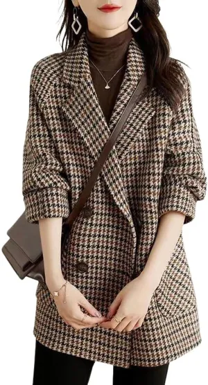 chouyatou Women's Winter Double Breasted Houndstooth Plaid Wool Pea Coat Notch Lapel Dressy Wool Trench Coat