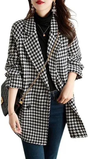 chouyatou Women's Winter Double Breasted Houndstooth Plaid Wool Pea Coat Notch Lapel Dressy Wool Trench Coat