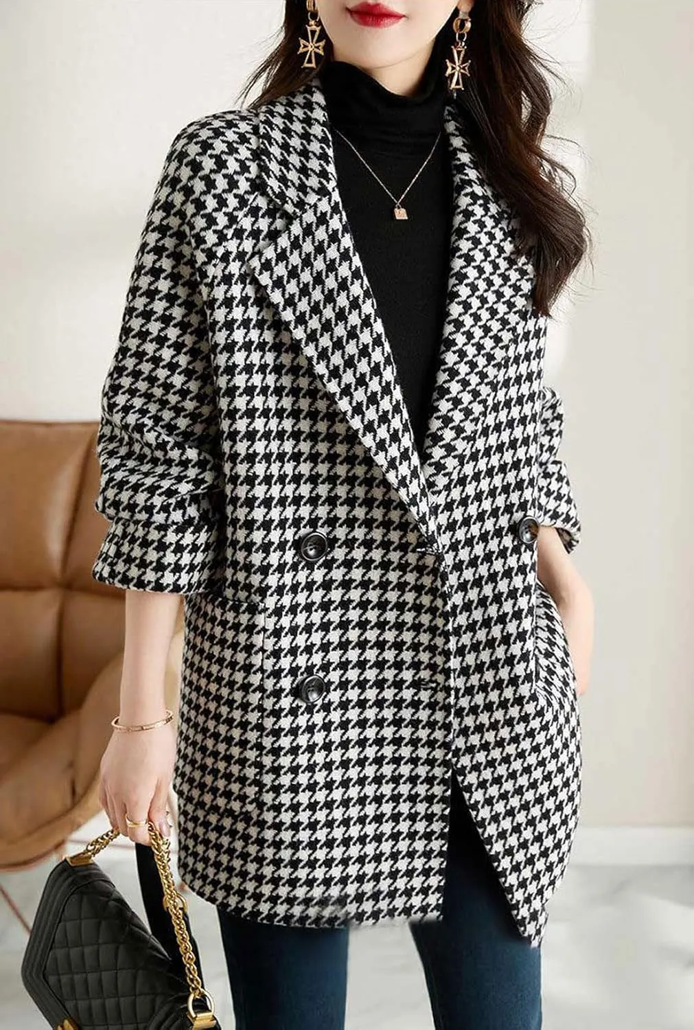 chouyatou Women's Winter Double Breasted Houndstooth Plaid Wool Pea Coat Notch Lapel Dressy Wool Trench Coat