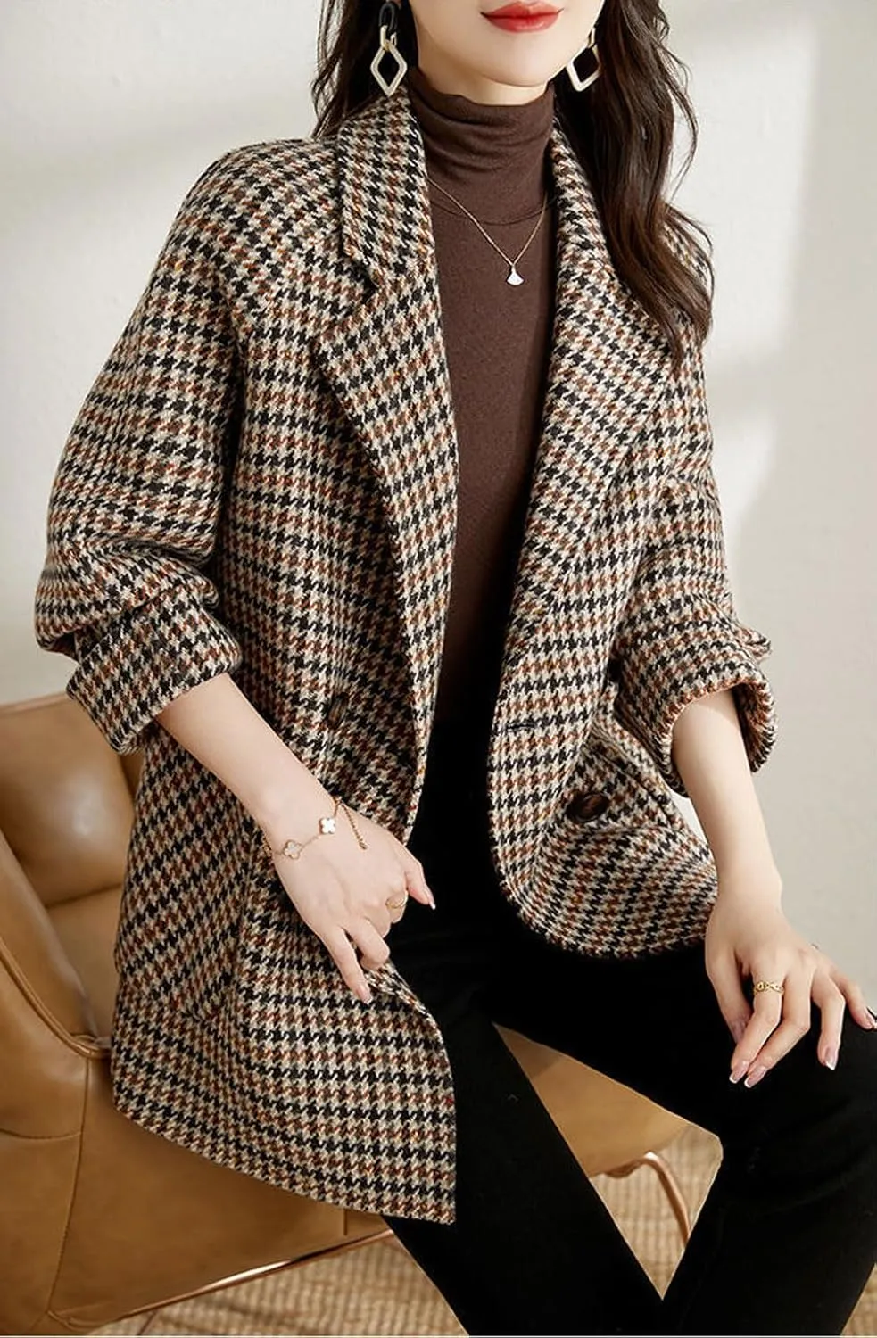 chouyatou Women's Winter Double Breasted Houndstooth Plaid Wool Pea Coat Notch Lapel Dressy Wool Trench Coat
